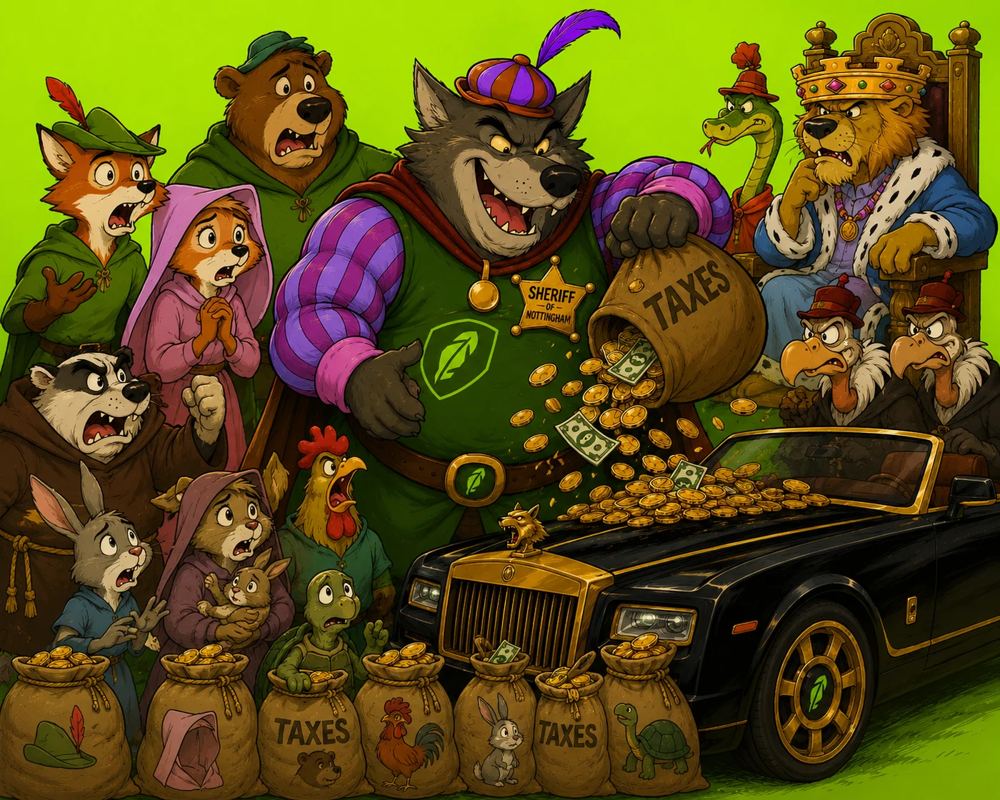 The Sheriff pours the taxes into his gold carriage
